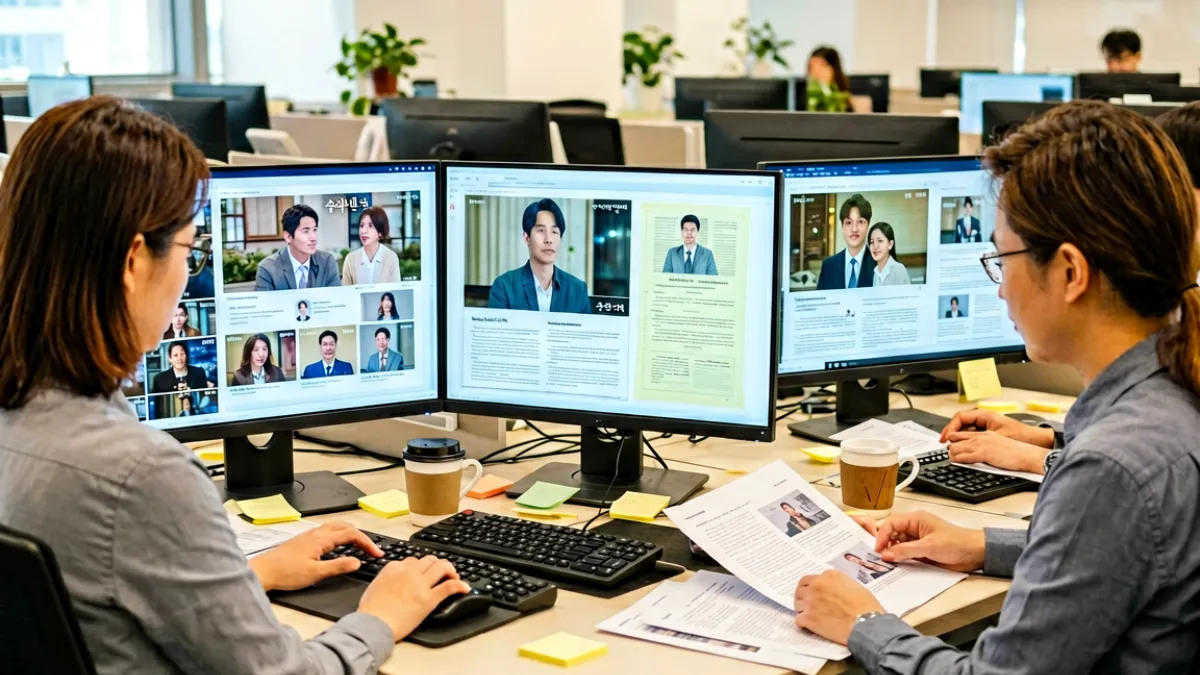 编辑团队成员在办公桌前对照多屏显示器进行日韩影视剧内容审核，屏幕上显示着不同剧集的画面截图和资料卡片