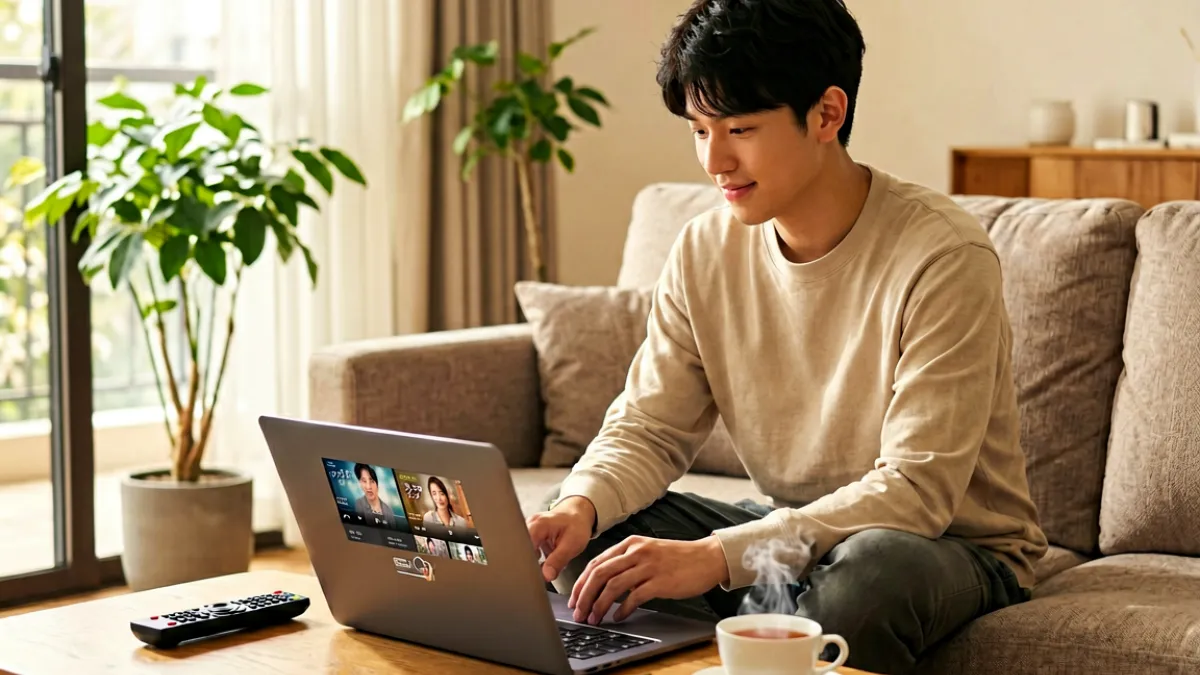 一位年轻观众坐在沙发前，面前是打开的笔记本电脑屏幕，屏幕上显示着日韩剧集的播放界面，旁边放着一杯热茶和遥控器等追剧小物，窗边绿植增添温馨氛围，整体色调偏暖