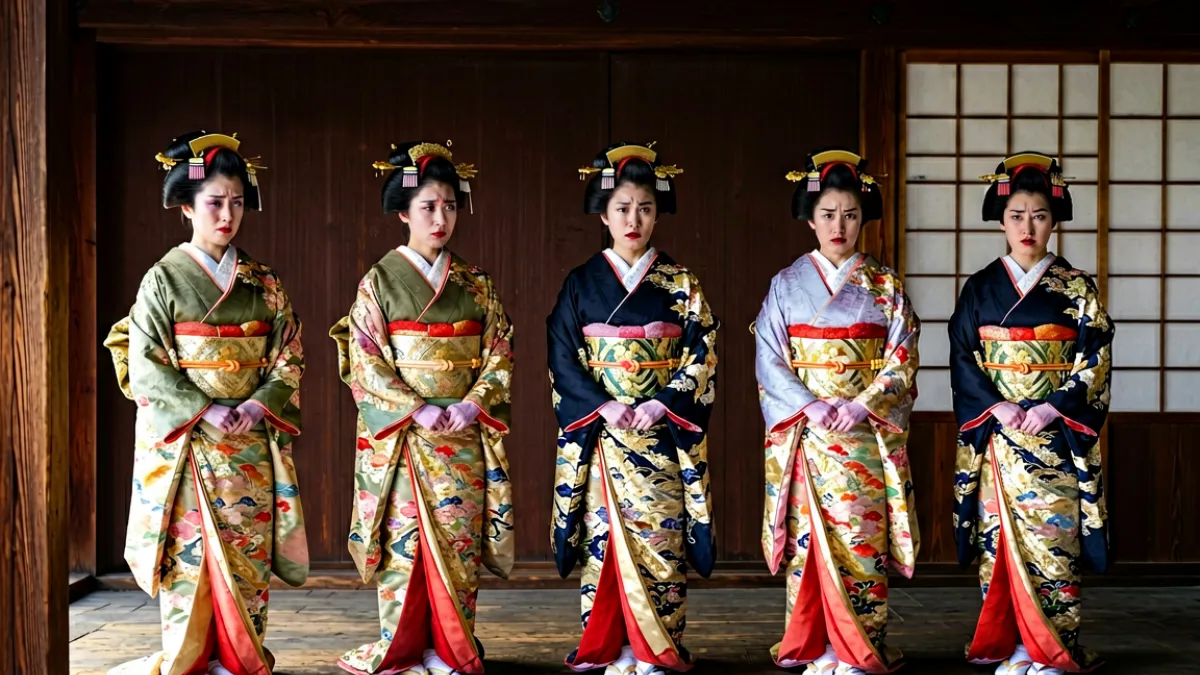 江户时代华丽宫殿廊道中多位身着和服的女性角色神情各异站成一排，背景为深色调宫廷场景
